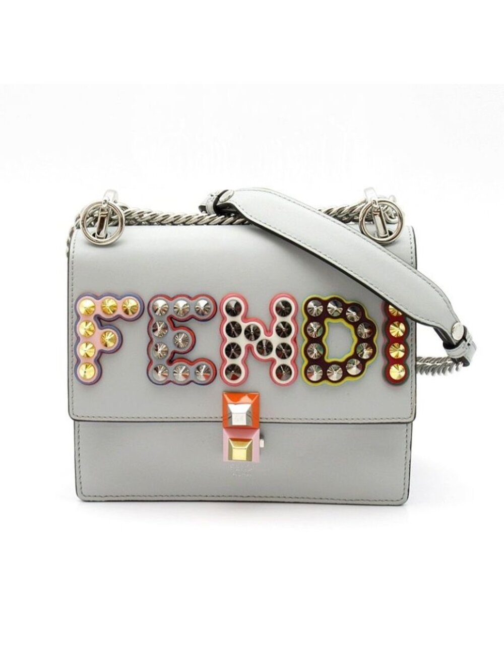 Fendi Canai Chain Shoulder Bag Leather Gray